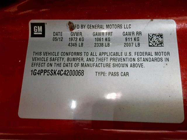 1G4PP5SK4C4200068 - 2012 BUICK VERANO BURGUNDY photo 10