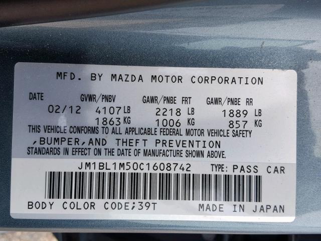 JM1BL1M50C1608742 - 2012 MAZDA 3 S BLUE photo 10