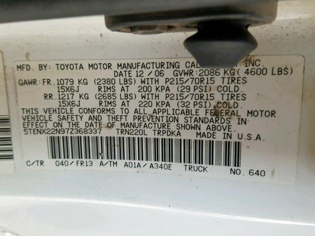 5TENX22N97Z368337 - 2007 TOYOTA TACOMA WHITE photo 10