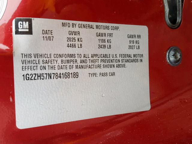 1G2ZH57N784168189 - 2008 PONTIAC G6 GT RED photo 10