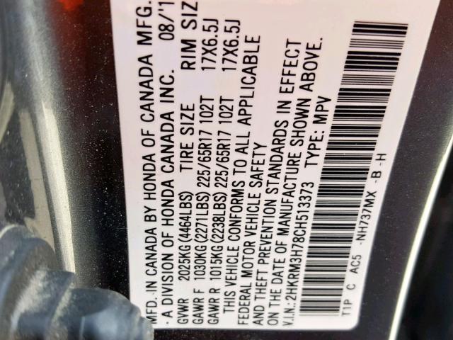 2HKRM3H78CH513373 - 2012 HONDA CR-V EXL GRAY photo 10