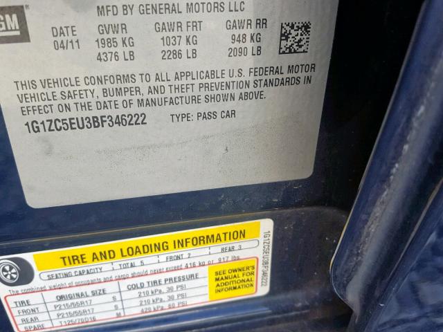 1G1ZC5EU3BF346222 - 2011 CHEVROLET MALIBU 1LT BLUE photo 10