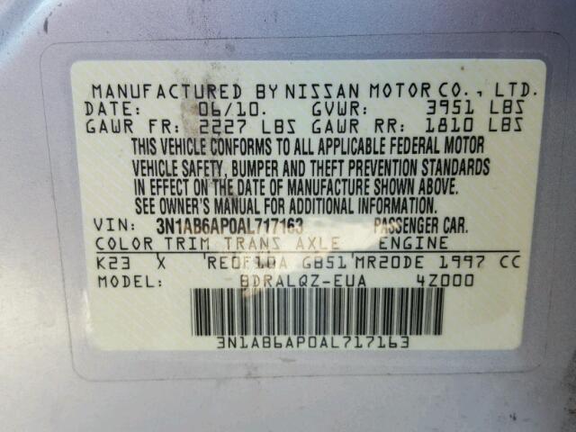 3N1AB6AP0AL717163 - 2010 NISSAN SENTRA 2.0 SILVER photo 10