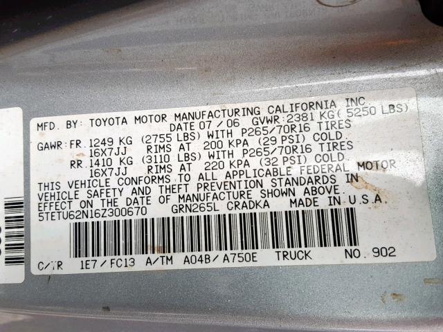 5TETU62N16Z300670 - 2006 TOYOTA TACOMA PRE SILVER photo 10