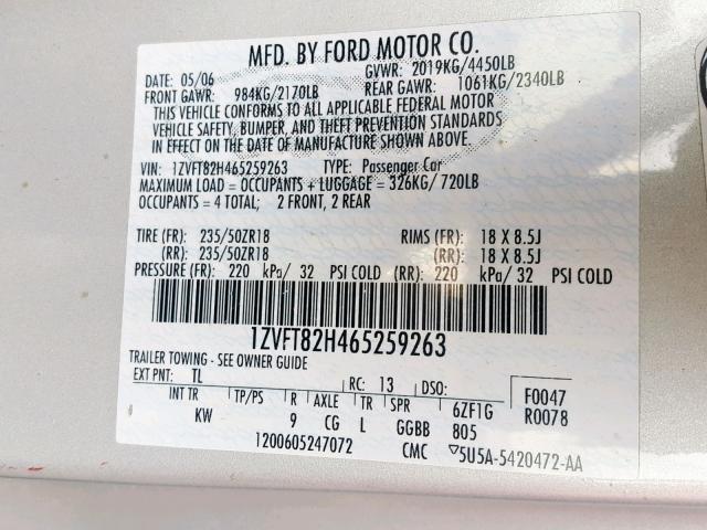 1ZVFT82H465259263 - 2006 FORD MUSTANG GT SILVER photo 10