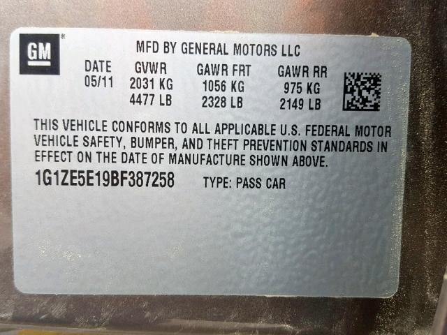 1G1ZE5E19BF387258 - 2011 CHEVROLET MALIBU LTZ ოქროსფერი ფოტო 10