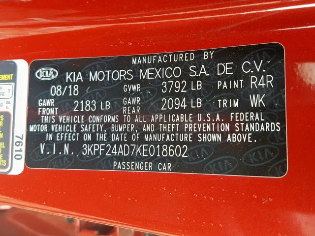 3KPF24AD7KE018602 - 2019 KIA FORTE FE RED photo 10