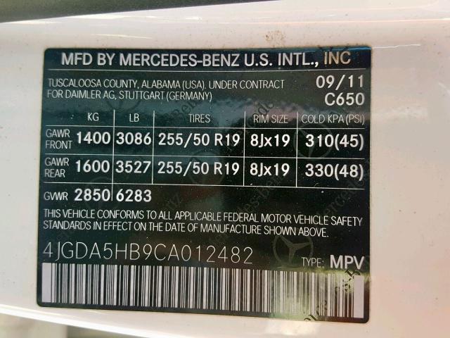 4JGDA5HB9CA012482 - 2012 MERCEDES-BENZ ML 350 4MA WHITE photo 10