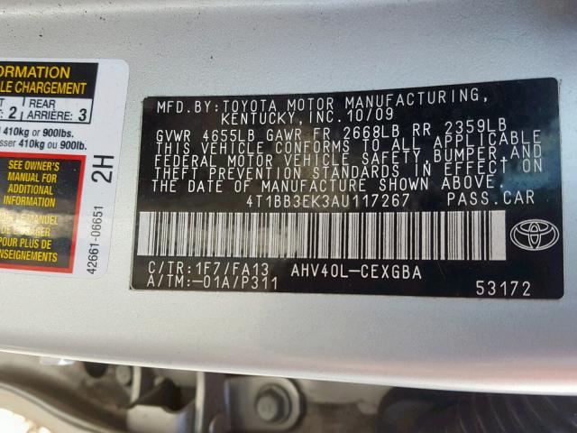 4T1BB3EK3AU117267 - 2010 TOYOTA CAMRY HYBR SILVER photo 10