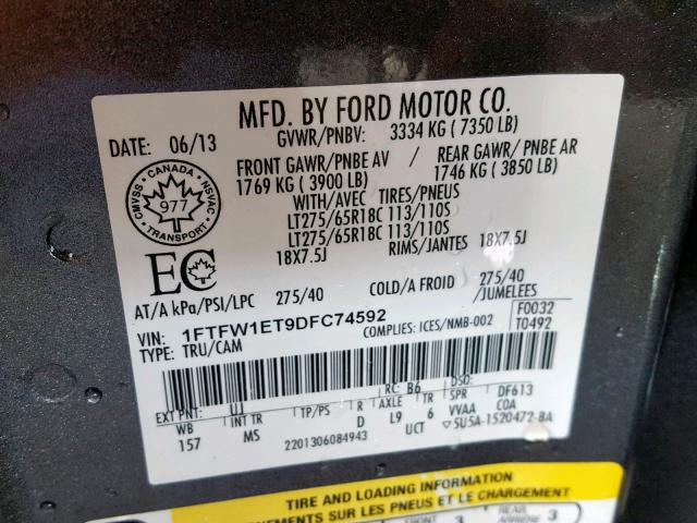 1FTFW1ET9DFC74592 - 2013 FORD F150 SUPER GRAY photo 10