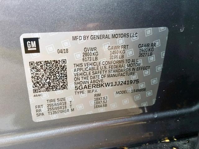 5GAERBKW1JJ241975 - 2018 BUICK ENCLAVE ES GRAY photo 10