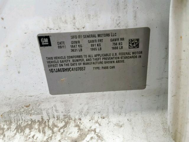 1G1JA6SH9C4107657 - 2012 CHEVROLET SONIC LS WHITE photo 10