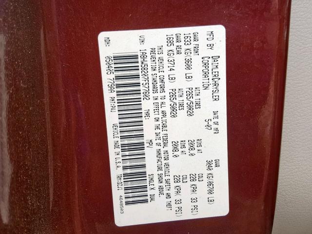 1A8HW58207F577602 - 2007 CHRYSLER ASPEN LIMI MAROON photo 10