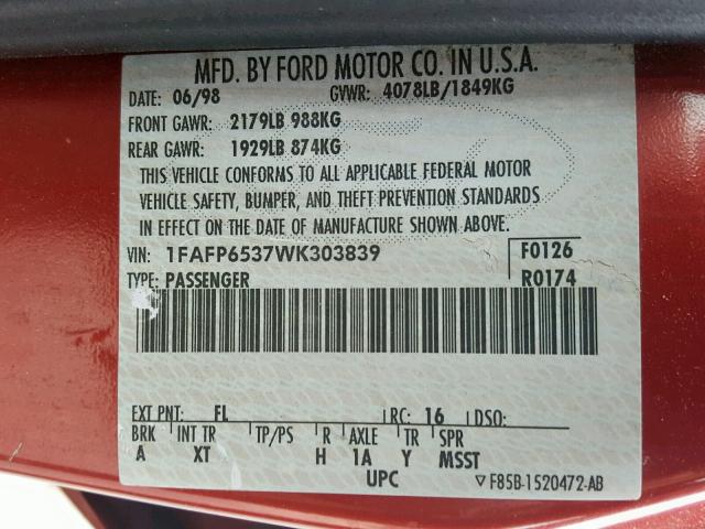 1FAFP6537WK303839 - 1998 FORD CONTOUR BA RED photo 10