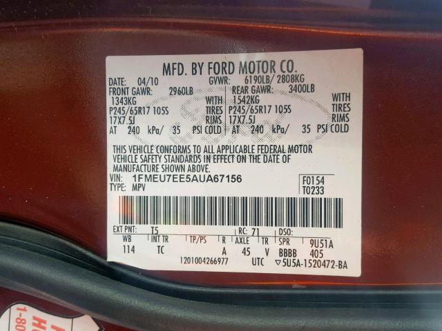 1FMEU7EE5AUA67156 - 2010 FORD EXPLORER E MAROON photo 10