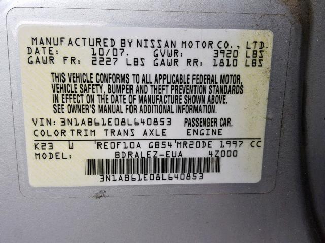 3N1AB61E08L640853 - 2008 NISSAN SENTRA 2.0 SILVER photo 10