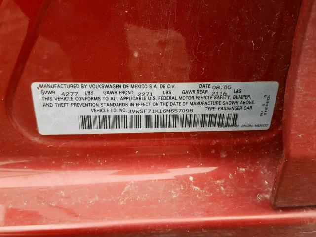 3VWSF71K16M657098 - 2006 VOLKSWAGEN JETTA 2.5 RED photo 10