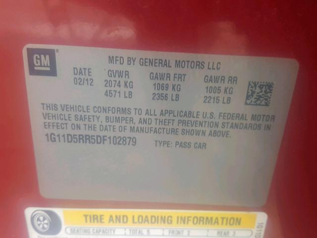 1G11D5RR5DF102879 - 2013 CHEVROLET MALIBU 1LT Қызыл фото 10