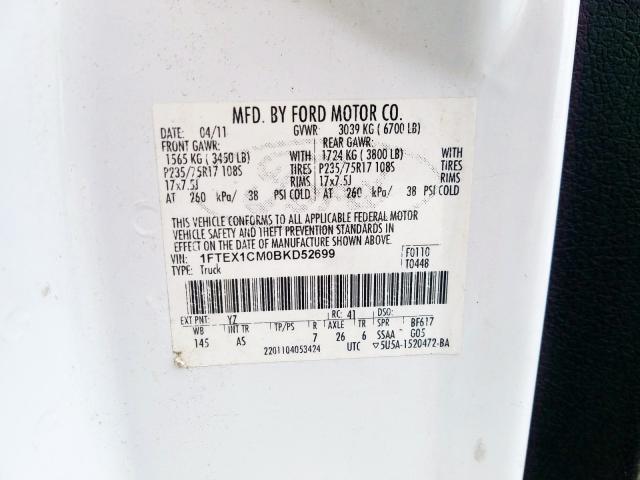 1FTEX1CM0BKD52699 - 2011 FORD F150 SUPER CAB  photo 10