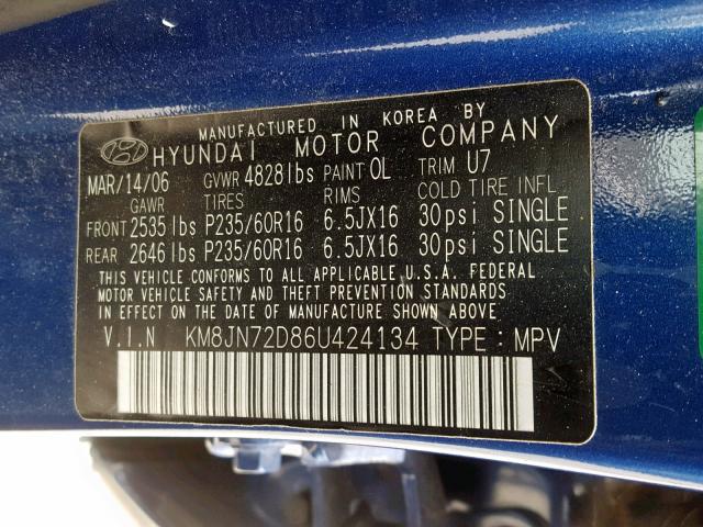 KM8JN72D86U424134 - 2006 HYUNDAI TUCSON GLS BLUE photo 10