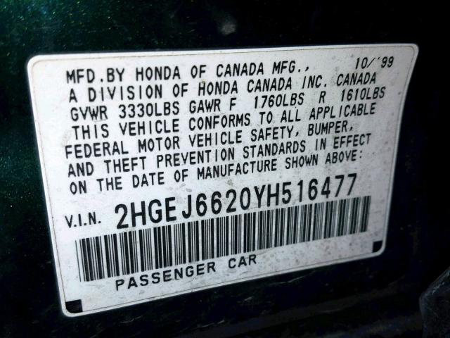 2HGEJ6620YH516477 - 2000 HONDA CIVIC DX GREEN photo 10