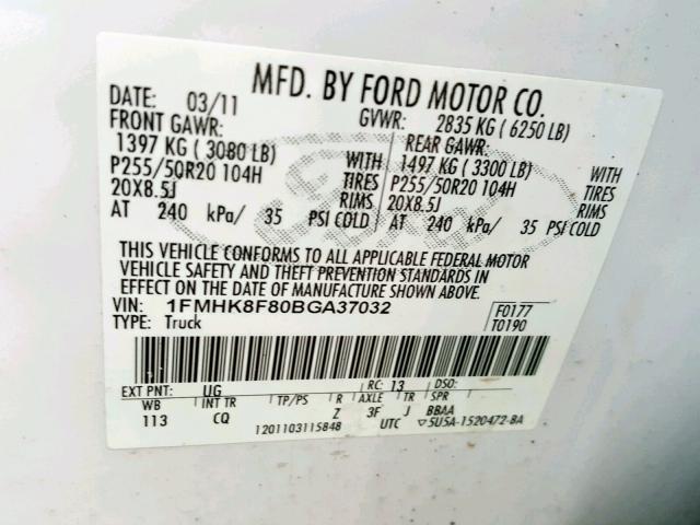 1FMHK8F80BGA37032 - 2011 FORD EXPLORER L WHITE photo 10