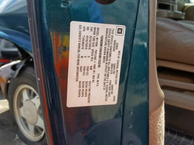 1GNDM19W4VB135245 - 1997 CHEVROLET ASTRO GREEN photo 10