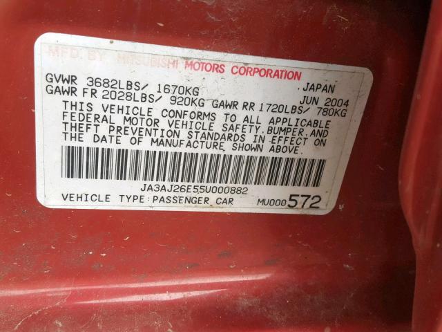 JA3AJ26E55U000882 - 2005 MITSUBISHI LANCER ES RED photo 10