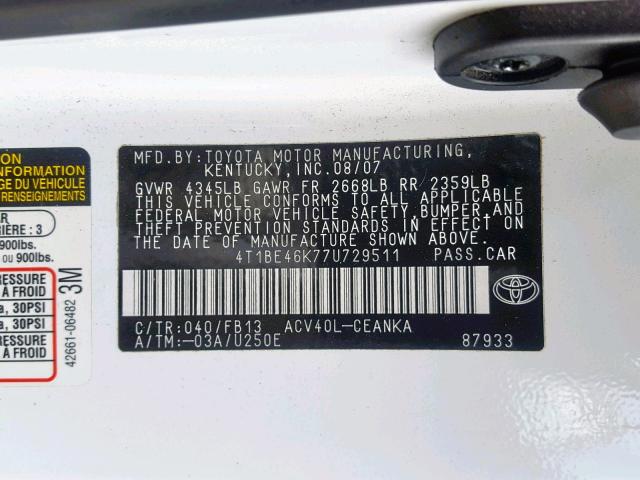 4T1BE46K77U729511 - 2007 TOYOTA CAMRY NEW WHITE photo 10