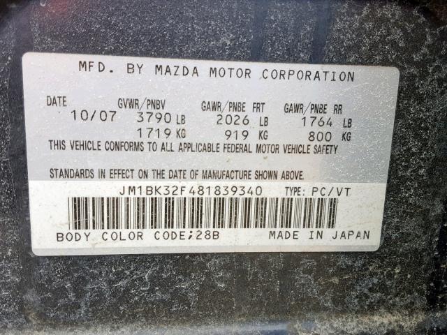 JM1BK32F481839340 - 2008 MAZDA 3 I GRAY photo 10