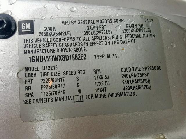 1GNDV23WX8D188262 - 2008 CHEVROLET UPLANDER L 银色 照片 10