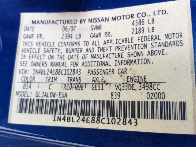 1N4BL24E88C102843 - 2008 NISSAN ALTIMA 3.5 BLUE photo 10