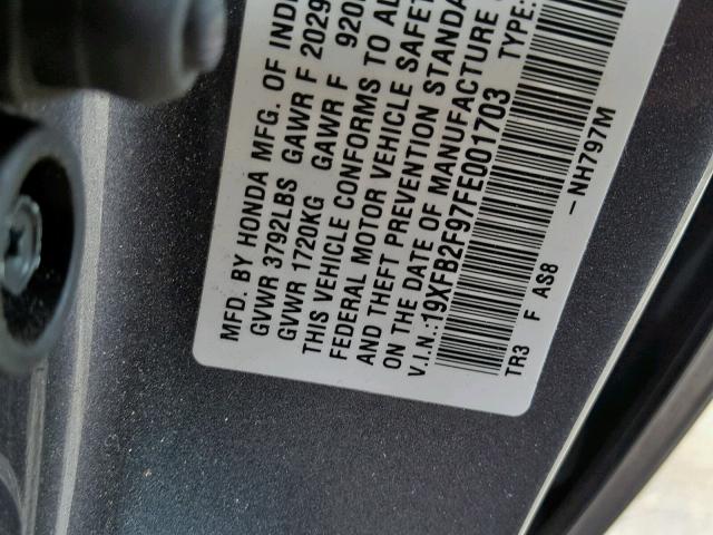 19XFB2F97FE001703 - 2015 HONDA CIVIC EXL GRAY photo 10