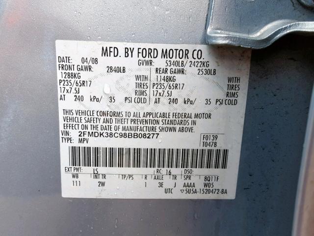 2FMDK38C98BB08277 - 2008 FORD EDGE SEL BLUE photo 10