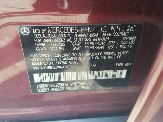 4JGAB54E5WA031373 - 1998 MERCEDES-BENZ ML 320 MAROON photo 10