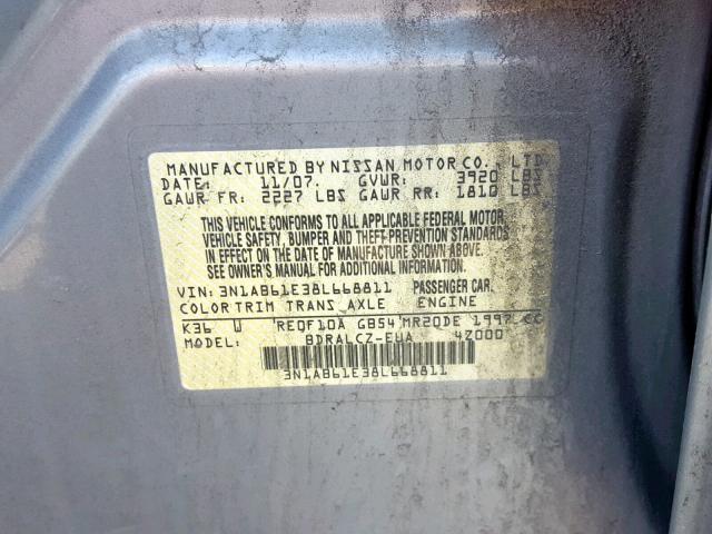 3N1AB61E38L668811 - 2008 NISSAN SENTRA 2.0 GRAY photo 10