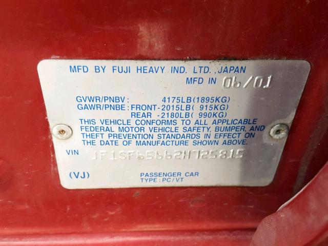 JF1SF65662H725815 - 2002 SUBARU FORESTER S RED photo 10