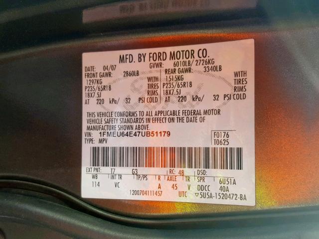 1FMEU64E47UB51179 - 2007 FORD EXPLORER E GRAY photo 10