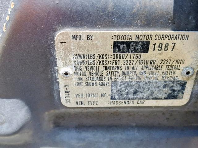 JT2SV21E5H3146607 - 1987 TOYOTA CAMRY DLX ნაცრისფერი ფოტო 10