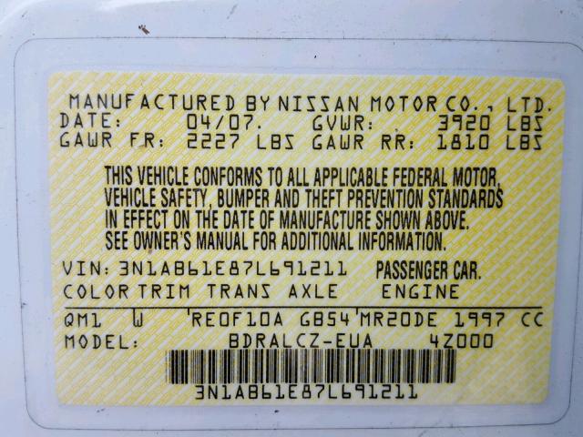 3N1AB61E87L691211 - 2007 NISSAN SENTRA 2.0 WHITE photo 10