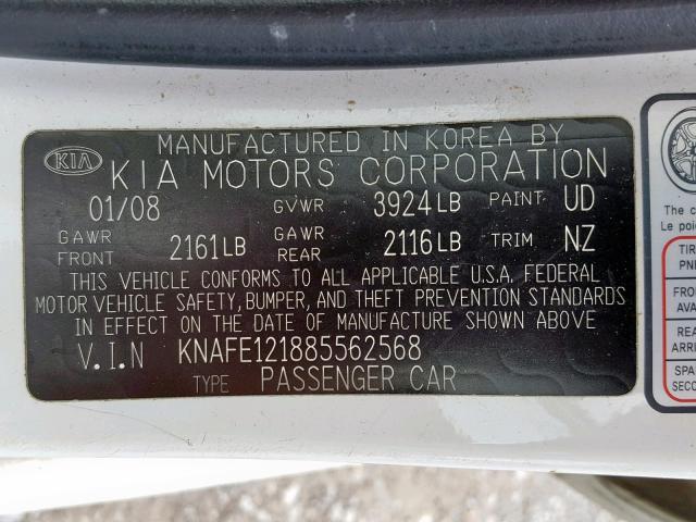 KNAFE121885562568 - 2008 KIA SPECTRA EX WHITE photo 10