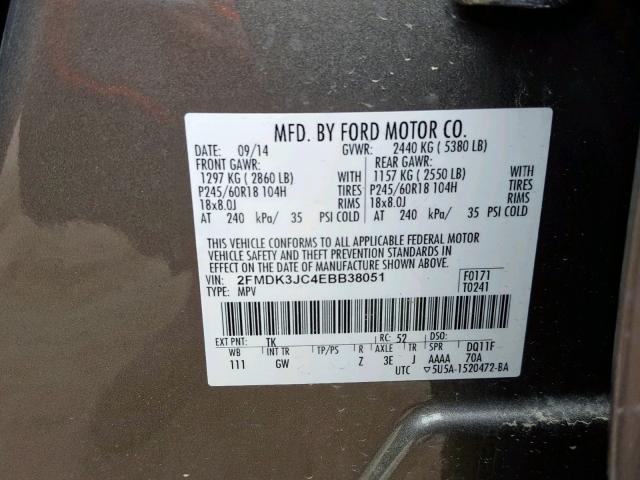 2FMDK3JC4EBB38051 - 2014 FORD EDGE SEL GRAY photo 10