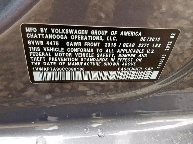 1VWAP7A30CC089165 - 2012 VOLKSWAGEN PASSAT S GRAY photo 10