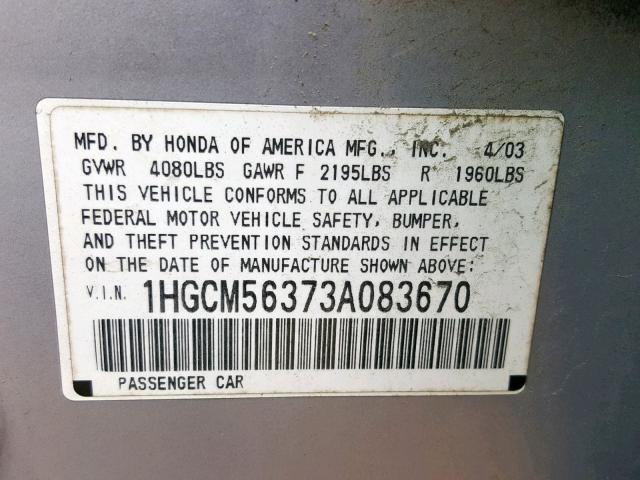 1HGCM56373A083670 - 2003 HONDA ACCORD LX SILVER photo 10