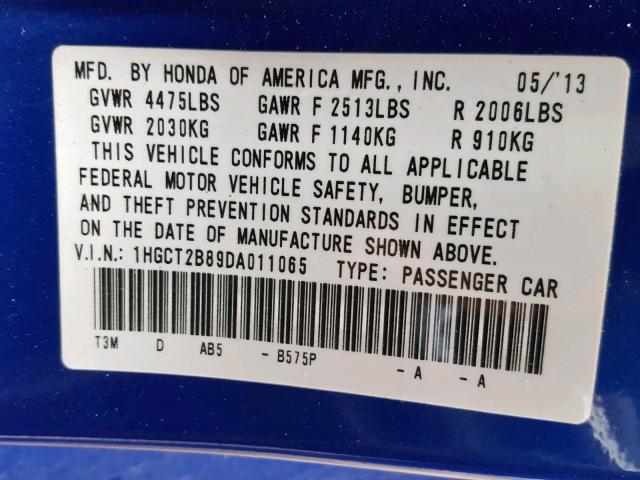 1HGCT2B89DA011065 - 2013 HONDA ACCORD EXL BLUE photo 10