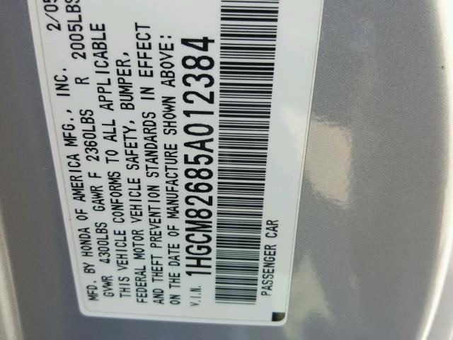 1HGCM82685A012384 - 2005 HONDA ACCORD SILVER photo 10