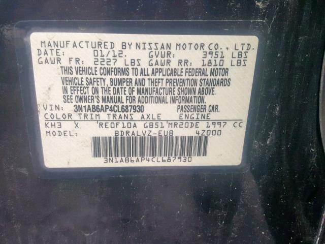 3N1AB6AP4CL687930 - 2012 NISSAN SENTRA 2.0 BLACK photo 10