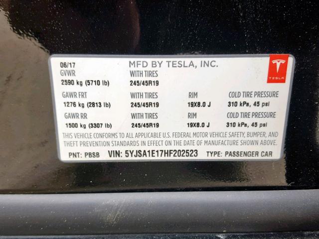 5YJSA1E17HF202523 - 2017 TESLA MODEL S BLACK photo 10