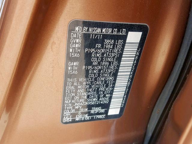 JN8AZ2KR5BT214392 - 2011 NISSAN CUBE BASE ORANGE photo 10