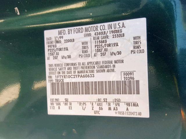 1FTYR10C2YPA60633 - 2000 FORD RANGER GREEN photo 10